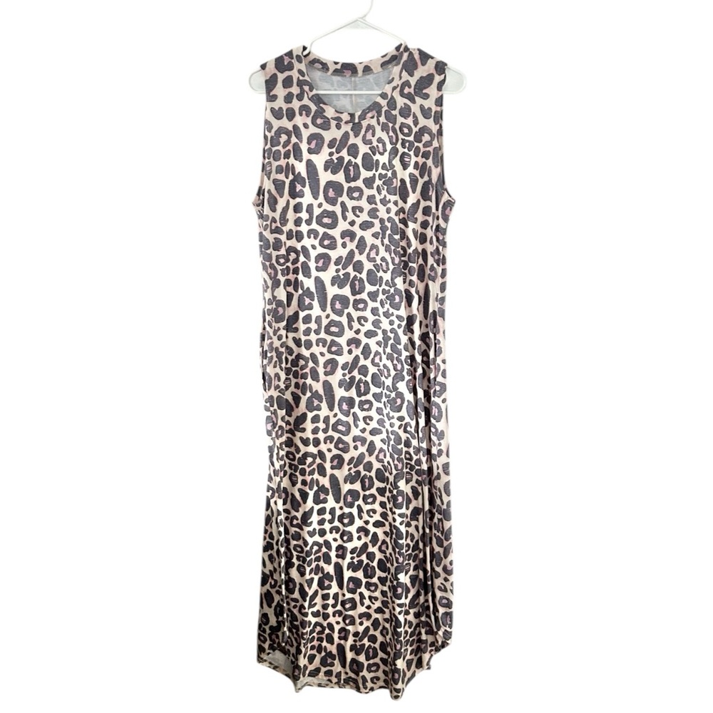 Leopard Print Sleeveless Stretchy Maxi T-Shirt Dress withβ Pockets